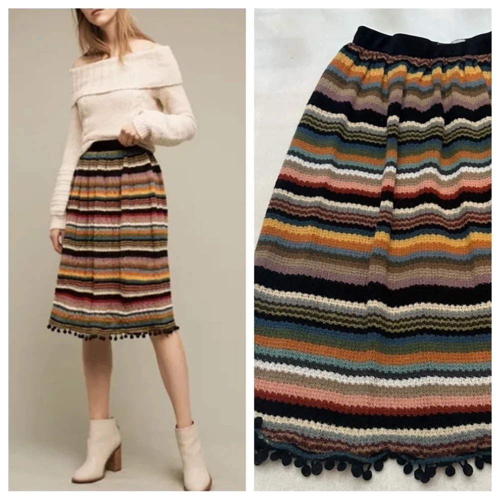 Anthropologie Eri + Ali Multicolor Striped Pom Sweater Midi Skirt 51640